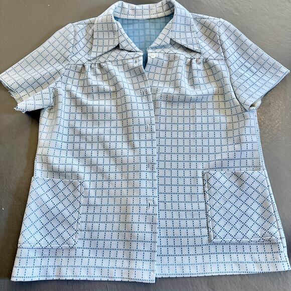 Vintage 1970s Blue and White Gingham Plaid Button Down M/L - Picture 1 of 6